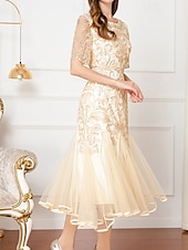 cheap Tea Length-A-Line Beaded Dress Mother of the Bride Elegant Vintage Party V Neck Floor Length Lace Beaded Sequin Lace Short Sleeve with Flare