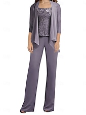 preiswerte Unter 129,99 $-Hosenanzug Brautmutterkleid Hochzeitsgast Elegant Einfach Rundausschnitt Bodenlang Polyester Langarm mit Applikationen Einfarbig 2025