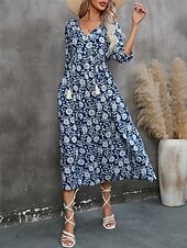 economico Abito Floreale-Abito Midi Donne Abito A Line Abito Fit And Flare Bohemia Vacanza Maniche A Lanterne Casual Quotidiano Fit Regolare Grafica Mezza Manica Collo a V Blu Navy Estate Primavera