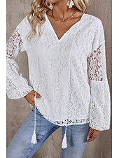 preiswerte Spitzenoberteile-Damen Bluse Spitzentops Glatt Stilvoll Modern Langarm V Ausschnitt Normale Oberteile Täglich Festtage Spitze Weiß Sommer