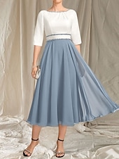 preiswerte Teelänge-A-Linie Brautmutterkleid Hochzeitsgast Elegantes Rundhals Tee-Länge Chiffon Satin Halbarm mit Perlen Raffung Midi Kleid 2025