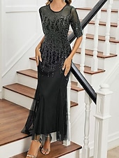 cheap Under $129.99-Dress Mother of the Bride Dress Elegant Party Black Dress Crew Neck Floor Length Polyester Half Sleeve with Sequin 2025