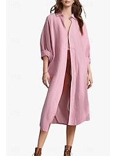 economico Camicie-Per donna Abito Midi Abito Camicia Abito in cotone e lino Moda Essenziale Classico Vacanza Ferie Uscire Vestibilità regolare Semplice Manica Lunga Colletto a Camicia Nero Bianco Verde chiaro Rosa