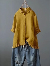 economico Camicie-Per donna Camicia Blusa Camicie di cotone e lino Semplice Essenziale Moderno Manica Corta Colletto a Camicia Top Regolari Quotidiano Ferie Uscire Bottoni Bianco Giallo Rosa Blu marino Azzurro Estate