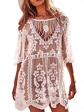 abordables Robes de plage-Maillots de bain pour femmes robe de plage couverture maillot de bain en dentelle patchwork vacances couleur unie col en V à manches longues