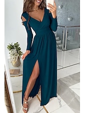 preiswerte Kleider für den-Damen kleid lang Ballkleid abendkleider Elegant Modisch Party Besondere Anlässe Regular Fit Glatt Langarm V Ausschnitt Schwarz Rote Blau Grün Sommer