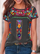 cheap Boho tee-Women&#039;s T Shirt Peasant Blouse Floral Bohemia Active Western Short Sleeve Crew Neck Regular Tops Daily Print Black Wine Blue Gray Summer