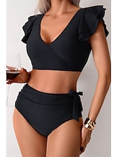 preiswerte Bikini-Sets-Damen Badeanzug Bikini Bademode Hoch tailliert Tropisch Strandbekleidung Farbblock V-förmiger Draht-Ausschnitt Ärmellos Badeanzüge
