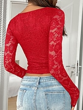 billiga Spets toppar-Dam Skjorta Blus Slät Stylish Sexig Modern Långärmad V-hals Vanliga toppar Dagligen Helgdag Spets Lappverk Svart Vit Rodnande Rosa Rubinrött Marinblå Sommar Vår