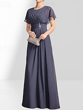 billige Gulvlengde-A-linje Mor til bruden Kjole Bryllupsgjester Elegant Crew Hals Gulvlengde Chiffon Korte Ermer med Pynt Rynking