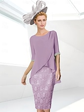 economico Lunghezza del tè-Abito Tubino da Spiaggia Madre della Sposa Elegante Collo Gioiello Lunghezza Ginocchio Sequin Chiffon Elasticizzato Manica Mezza con Ruches in Pizzo 2025 misura personalizzata gratuita