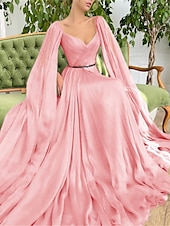 cheap GREEN-A-Line Evening Gown Elegant Dress Wedding Party Court Train Sleeveless V Neck Fall Wedding Guest Chiffon with Ruched