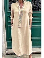 preiswerte Kleider aus Baumwolle und Leinen entwerfen-Damen Midikleid Leinen-inspirierte Kleider Baumwoll-Leinenkleid Basic Klassisch Modern Täglich Ferien Wochenende Normale Passform Einfach Langarm V Ausschnitt Rosa Grün Aprikose Leicht Blau Sommer