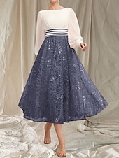 preiswerte Teelänge-A-Linie Brautmutterkleid Hochzeitsgast Elegant Rundhalsausschnitt Tee Länge Chiffon Spitze Lange Ärmeln mit Perlen Rüschen Midi Kleid 2025