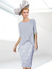 economico Lunghezza del tè-Abito Tubino da Spiaggia Madre della Sposa Elegante Collo Gioiello Lunghezza Ginocchio Sequin Chiffon Elasticizzato Manica Mezza con Ruches in Pizzo 2025 misura personalizzata gratuita