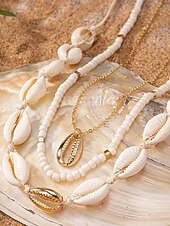 cheap Women&#039;s Necklace-Women&#039;s Boho Cowrie Shell Necklace Set – Layered Beach Jewelry with Gold Accents, Handmade Summer Surf Choker for Vacation, Festivals &amp; Casual Wear