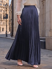 preiswerte Maxi-Röcke-Damen Rock Langer Rock Mode Lang Maxi Hohe Taille Röcke Einfarbig Gerafft Plissiert Schimmernd Mikroelastisch Täglich Ferien Silber Pfauenblau Marineblau Schwarz Frühling, Herbst, Winter, Sommer