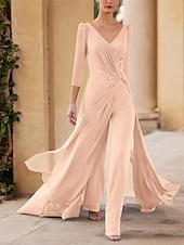 economico Tute della mamma-Jumpsuit  Pantalone Madre della Sposa Ospite di Matrimonio Formale Elegante Collo Dritto V Collo Lunghezza Pavimento Chiffon Maniche 3/4 con Rouching e Ruffle a Cascata taglia personalizzata gratuita