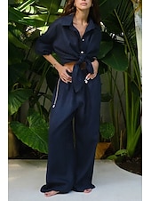 cheap Essential Faux Co-ord Sets-Women's Shirt Two Piece Sets Pants Sets Long Sleeve Shirt Collar Solid Color Dubbele Rij Knopen Fashion Basic Vacation Casual Daily White Red Dark Navy Summer Regular Fit