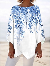 billige Blomstrete topper-Dame Bluse Blomstret Grafisk Stilfull Strandstil 3/4 ermer Crew-hals Vanlige topper Daglig Trykt mønster Rosa Blå Grønn Vår Høst