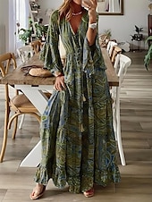 cheap Boho Dress-Women&#039;s Maxi Dress Casual Dress Swing Dress A Line Dress Boho Dress Casual Daily Regular Fit Floral Long Sleeve V Neck Red Blue Purple Orange Summer Spring Fall