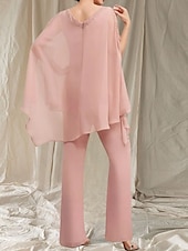 baratos Comprimento do chão-Macacão  Vestido de Calça Mãe da Noiva Vestido Convidada de Casamento Elegante Decote em V Comprimento do Chão Chiffon Manga Longa com Aplicações