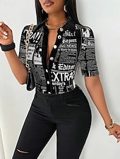economico Top da Lavoro per Donne-Blusa Per donna Nero Bianco Rosa Giornale Fibbia Stampa Quotidiano Elegante Scollo a V Vestibilità regolare S
