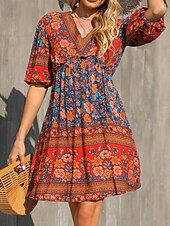billige Boho-kjole-Dame Mini kjole Kjole med A-linje Ferie Fritid utendørs Ut på byen Normal Grafisk 3/4 ermer V-hals Rød Oransje Aprikos Sommer