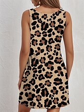 billiga Konst och design klänningar-Dam Mini klänning Solklänning Sommarklänning Semester Ledigt Dagligen Lös passning Grafisk Leopard Ärmlös U-hals Blå Purpur Brun Sommar