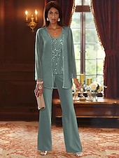 abordables Costumes-pantalons pour maman-Jumpsuit de mariage plage  costume 3 pièces mère de la mariée invitée de mariage formelle élégante luxueuse décolleté en V longueur sol chiffon dentelle sans manches wrap inclus avec perles paillettes