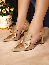 billige Cocktail-gullglittersløyfe høyhælte pumps for kvinner – elegante brudesko med spiss tå