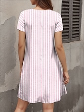 preiswerte Streifen- und geometrisches Kleid-Damen Mini Kleid A-Linien Kleid Lässiges Kleid Sommerkleid Stilvoll Lässig Täglich Regelmäßige Passform Grafik Streifen Kurzarm V-Ausschnitt Pink Blau Grau Sommer Frühling