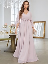 cheap Floor Length-Dress Mother of the Bride Dress Elegant Party V Neck Floor Length Polyester Half Sleeve with Appliques 2025