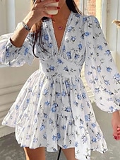 economico Abiti a fantasia-Per donna Mini abito Abito da ospite di nozze Boho Abito aderente e svasato Elegante Moda Sensuale Standard Floreale Manica lunga A V Magenta Nero Bianco Rosa Estate Primavera