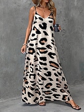 cheap Art&amp;Design Dress-Women&#039;s Maxi Dress Sundress A Line Dress Slip Dress Vacation Casual Daily Regular Fit Graphic Leopard Sleeveless V Neck Brown Summer Spring
