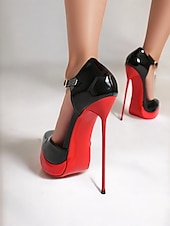 abordables Bombas Clásicas-Tacones de aguja con plataforma de charol negro y rojo: unos zapatos Mary Jane muy sexys para fiestas y eventos.