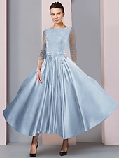 baratos Comprimento do chão-Vestido A-Line para Mãe da Noiva Convidada Formal Festa Elegante Decote Redondo Comprimento Chá Renda de Cetim Manga 3/4 com Cinto  Fita tamanho personalizado gratuito.