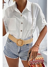 preiswerte Hemden-Damen Hemd Baumwoll-Leinen-Hemden Knopfleiste Bluse Einfach Basic Lässig Kurzarm Hemdkragen Normale Oberteile Ferien Ausgehen Knöpfe Tasche Schwarz Weiß Marineblau Khaki Grau Sommer