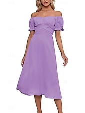 abordables Robes de vacances-Femmes Robe Midi Robe en coton et lin Mode Basique Moderne Quotidien Fête Sortir Coupe régulière Uni Manche Courte Épaules Dénudées Vert Claire Bleu Roi Violet Marron Été