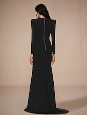 baratos PRETO-Vestido de noite em A-line vestido elegante formal cauda de arraste mangas longas gola em V crepe elástico com pregas fenda