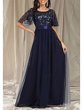 cheap Wedding Guest Dresses-A-Line Wedding Guest Dresses Elegant Dress Wedding Guest Floor Length Short Sleeve Crew Neck Fall Wedding Guest Lace with Glitter Sequin