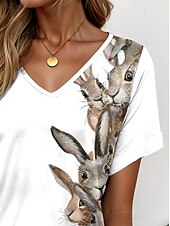 cheap Animals tee-Easter Women&#039;s T Shirt Graphic Animal Elegant Vintage Casual Short Sleeve V Neck Regular Tops Daily Weekend Vacation Wear Print White Summer