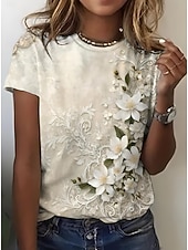 Women's T Shirt Floral Graphic Stylish Casual Short Sleeve Round Neck Regular Tops Daily Weekend Print off-white Summer Spring4