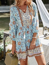billiga Bohemklänningar-Dam Mini klänning Vardagsklänning Sommarklänning Boho-klänning Mode Utomhus Semester Dagligen Normal Blommig 3/4 ärm V-hals Gul Rodnande Rosa Blå Grön Sommar
