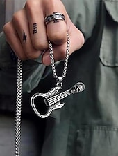 cheap Men&#039;s Jewelry-Men&#039;s Punk Rock Guitar Necklace with Skull Pendant – Stainless Steel Bottle Opener Chain for Music Lovers, Party &amp; Bar Accessories
