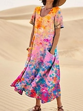 abordables Robes fleuries-Femmes Robe Midi Robe d&#039;Été Robe trapèze Vacances Occasionnel Boho Sortir Plage Graphique Manche Courte Col Rond Frêne Bleu Orange Vert Été Printemps