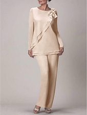 voordelige Broekpakken van mama-Strand Bruiloft Twee Delige Jumpsuit  Pantsuit Moeder van de Bruid Bruiloft Gast Elegante Plus Size Juweel Hals Vloerlengte Chiffon Lange Mouw met Strik(ken) Rimpelingen 2025