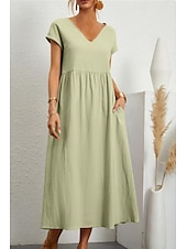 economico Vestiti-Per donna Abito Midi Abiti ispirati al lino Abito in cotone e lino Essenziale Classico Moderno Vacanza Quotidiano Ferie Vestibilità regolare Semplice Manica Corta Scollo a V Nero Verde chiaro Rosa