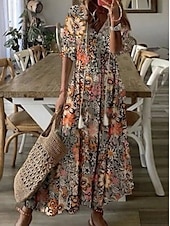 cheap Casual Floral Dresses-Women&#039;s Plus Size Long Dress Maxi Dress Casual Dress Boho Dress Print Dress Peplum Dresses Romantic Classic Elegant Dress Puff Sleeve Vacation Daily Summer Dress Loose Fit Graphic Flower Half Sleeve