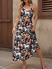 preiswerte Tiere Kleider-Kentucky Derby Damen Midikleid Sommerkleid A Linie Kleid Unterkleid Elegant Urlaub Lässig Urlaub Täglich Strand Normale Passform Blumen Grafik Tiermotiv Ärmellos V Ausschnitt Orange Sommer Frühling